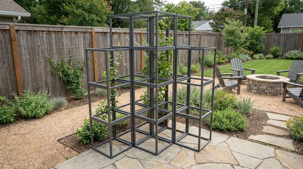 A contemporary modular cube system for garden trellises, featuring stackable metal or wood cubes that create customizable configurations. This flexible design allows for seasonal reconfiguration and adaptation to changing garden needs, with clean geometric lines perfect for minimalist gardens. Shown in a monochromatic finish for maximum contemporary impact.