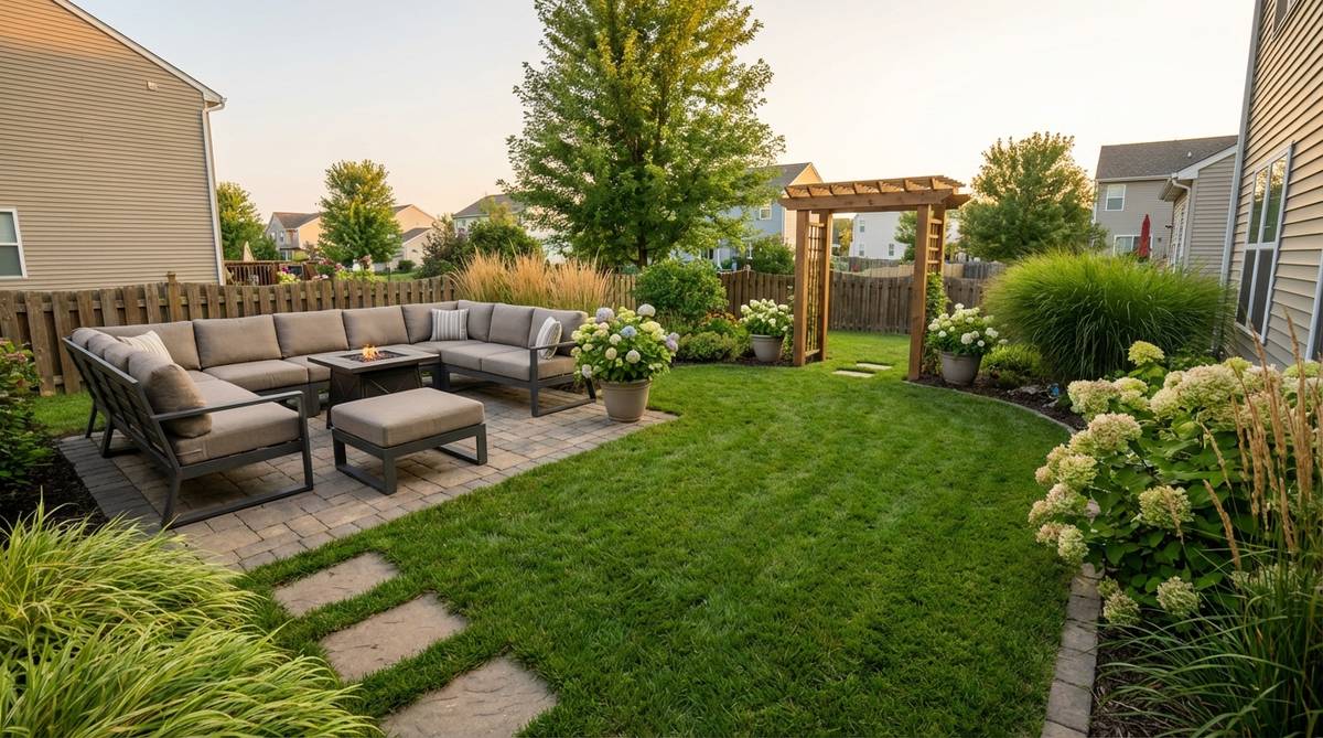 A flexible modular sectional sofa arranged in an L-shaped configuration in a small backyard garden, featuring removable washable covers and rust-proof frames, demonstrating how outdoor furniture can be reconfigured for different occasions while preserving open central space.