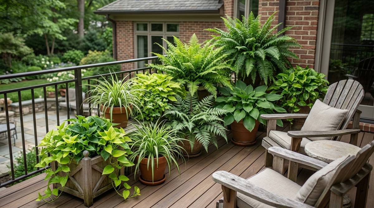 A balcony decor arrangement featuring monochromatic green foliage with ferns, hostas, pothos, and spider plants in varying shades from chartreuse to forest green, showcasing leaf diversity and creating a restful space that emphasizes texture and form.