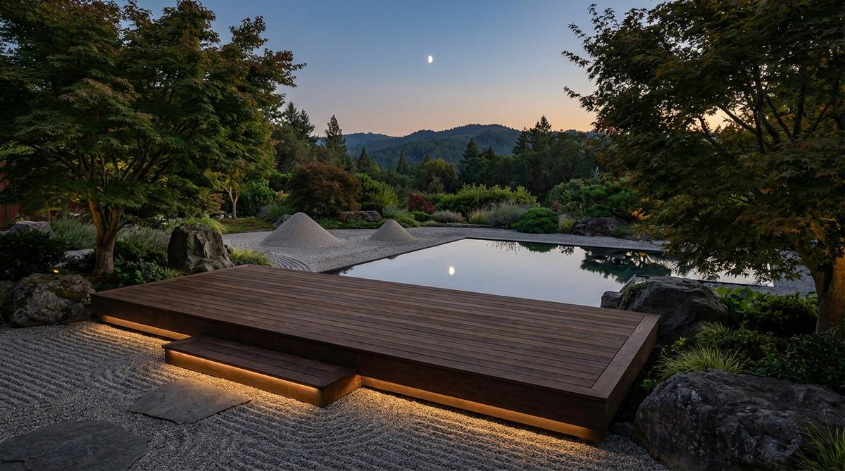 An elevated wooden platform seat designed for observing kogetsudai sand mounds and their lunar reflections in a Japanese garden. The structure features weather-resistant lumber construction with wide 16-inch treads for stable standing during evening observation sessions, positioned 24-30 inches high for optimal viewing angles across dry gardens. Subtle indirect lighting beneath the platform illuminates gravel patterns without washing out moonlight, with the platform oriented eastward toward moon-rising hills or mountains.