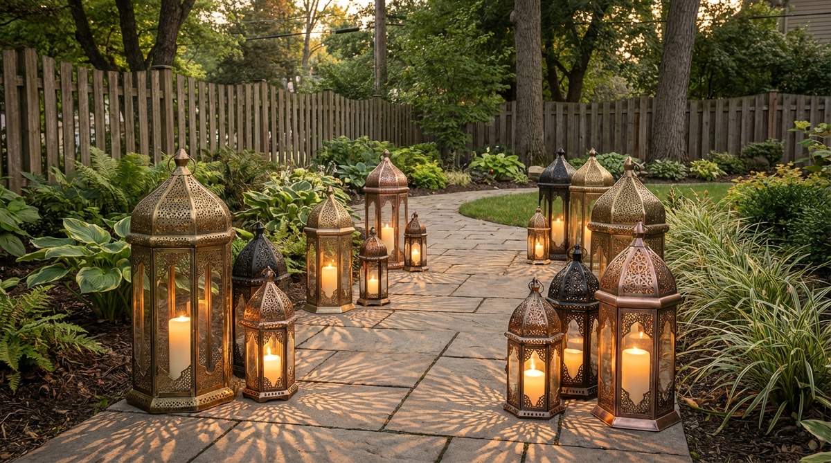 Metal Moroccan lanterns line a garden pathway, casting intricate shadow patterns with pillar candles or LED votives. The lanterns in mixed metals like brass, copper, and aged iron reinforce a global bohemian aesthetic for birthday decor.