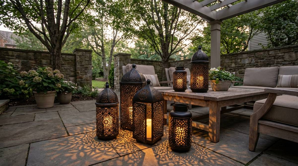 Traditional pierced metal lanterns in a matte black finish, featuring intricate cutout patterns that cast mesmerizing shadows when lit with candles or LED lights. Perfect for creating a gothic romantic ambiance in black boho decor, ideal for clustering on coffee tables, mantels, or outdoor patio tables to enhance dramatic and enchanting light effects.