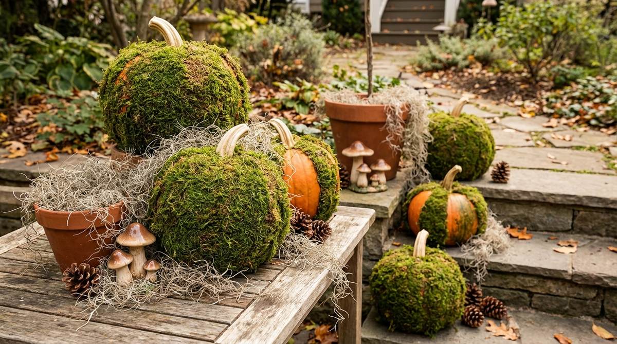 A boho Halloween decoration featuring pumpkins covered in preserved sheet moss, with cream-colored stems for contrast. The moss is attached using hot glue, creating a rich green texture ideal for forest-themed vignettes. Some areas are left exposed to reveal the pumpkin beneath, while Spanish moss offers a looser, ethereal effect. Perfect for pairing with mushroom figurines and pinecone clusters in woodland settings.
