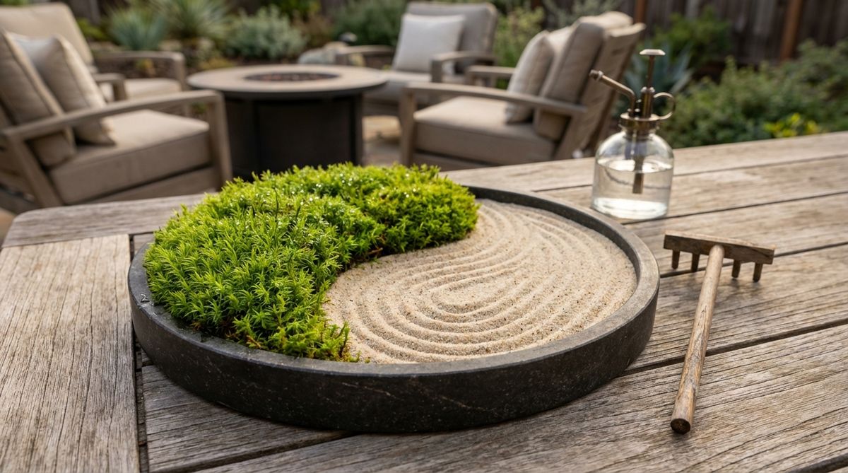 A mini zen garden featuring a 9-inch round tray with live sheet moss covering half the surface and raked sand filling the remaining semicircle, creating a yin-yang balance between living and mineral elements. The moss section requires misting every three days to maintain health, and observing new growth provides tangible evidence of nurturing care.