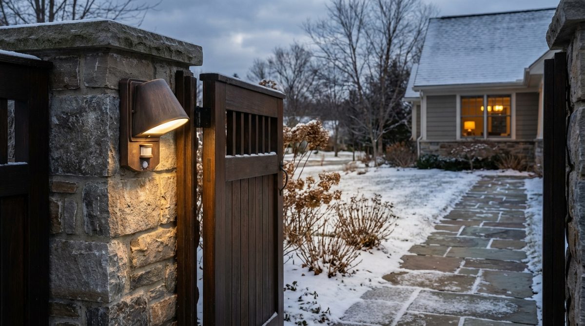 A motion-activated outdoor accent light fixture positioned near an entryway during winter, providing security and energy-efficient illumination with adjustable sensitivity and delay settings for practical use in cold weather.