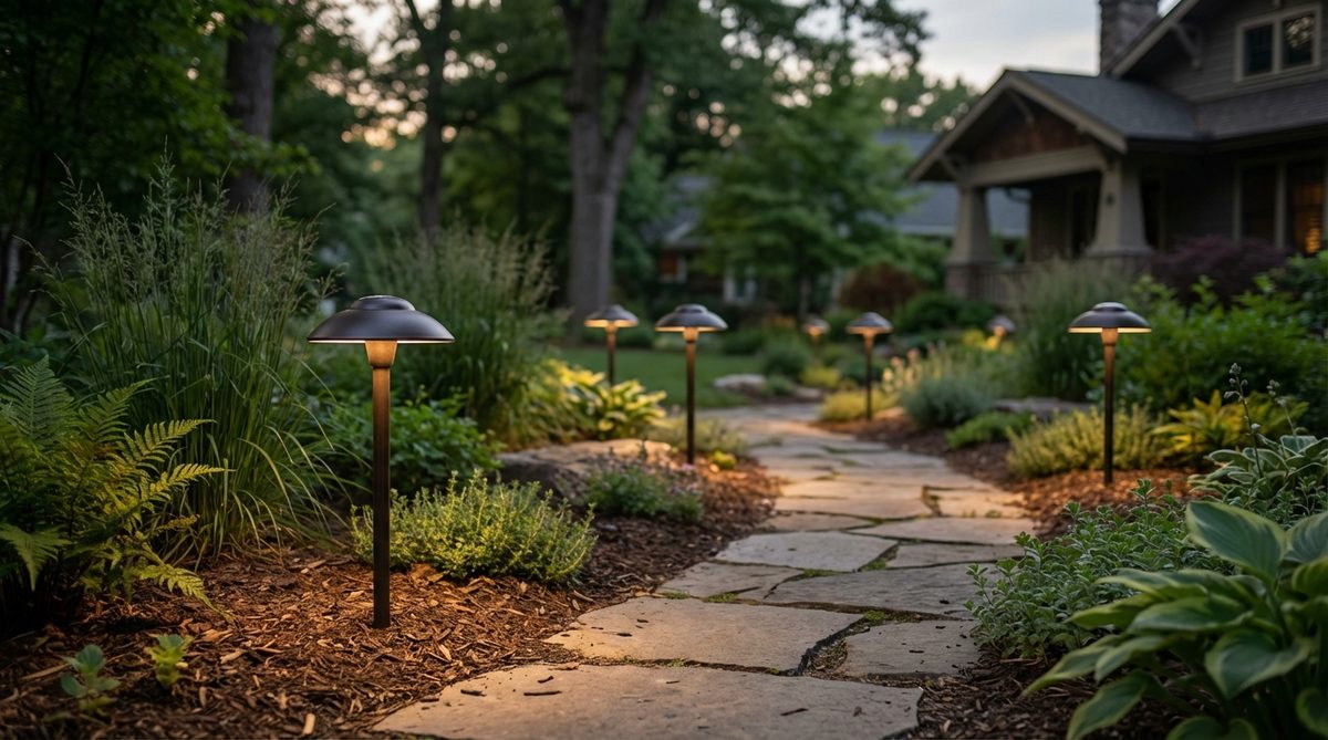A bronze or copper solar-powered mushroom cap pathway marker, designed with a dome top to cast downward-focused light pools, ideal for defining pathway edges in dark-sky communities. The shielded fixture reduces sky glow and integrates with naturalistic landscapes, with stake heights of 12-16 inches to stay below perennial foliage.