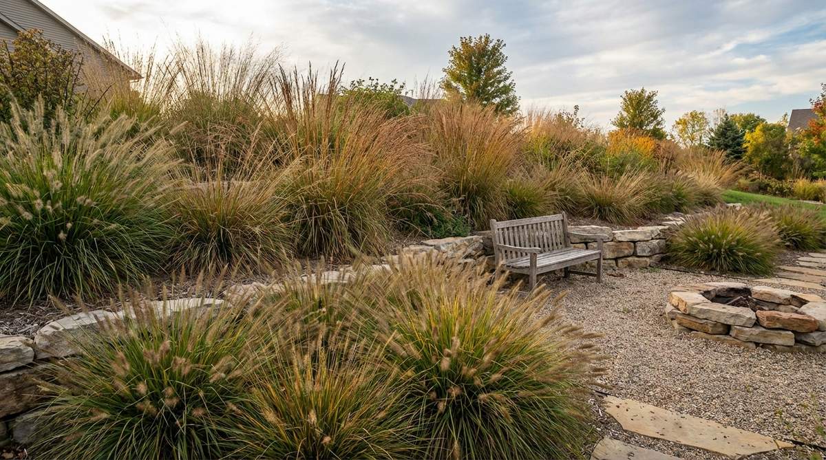 Deep-rooted native prairie grasses like switchgrass and little bluestem stabilizing soil on a sloped garden, with their fine texture softening hardscape edges and providing four-season interest through seed heads and winter structure.