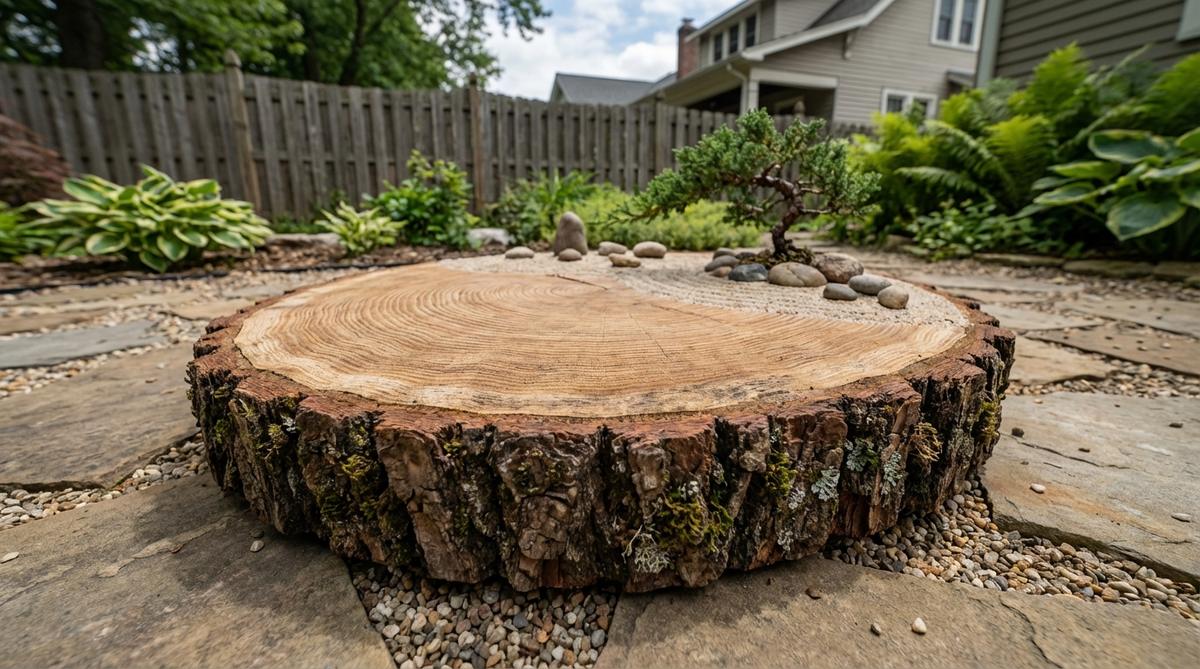 A large tree cross-section base for a zen garden miniature, featuring natural growth rings and bark edges. This unique wood slice serves as a one-of-a-kind foundation, with an organic shape that breaks from traditional rectangular designs. Typically 10-14 inches in diameter, it provides ample space for creative arrangements in miniature gardens.
