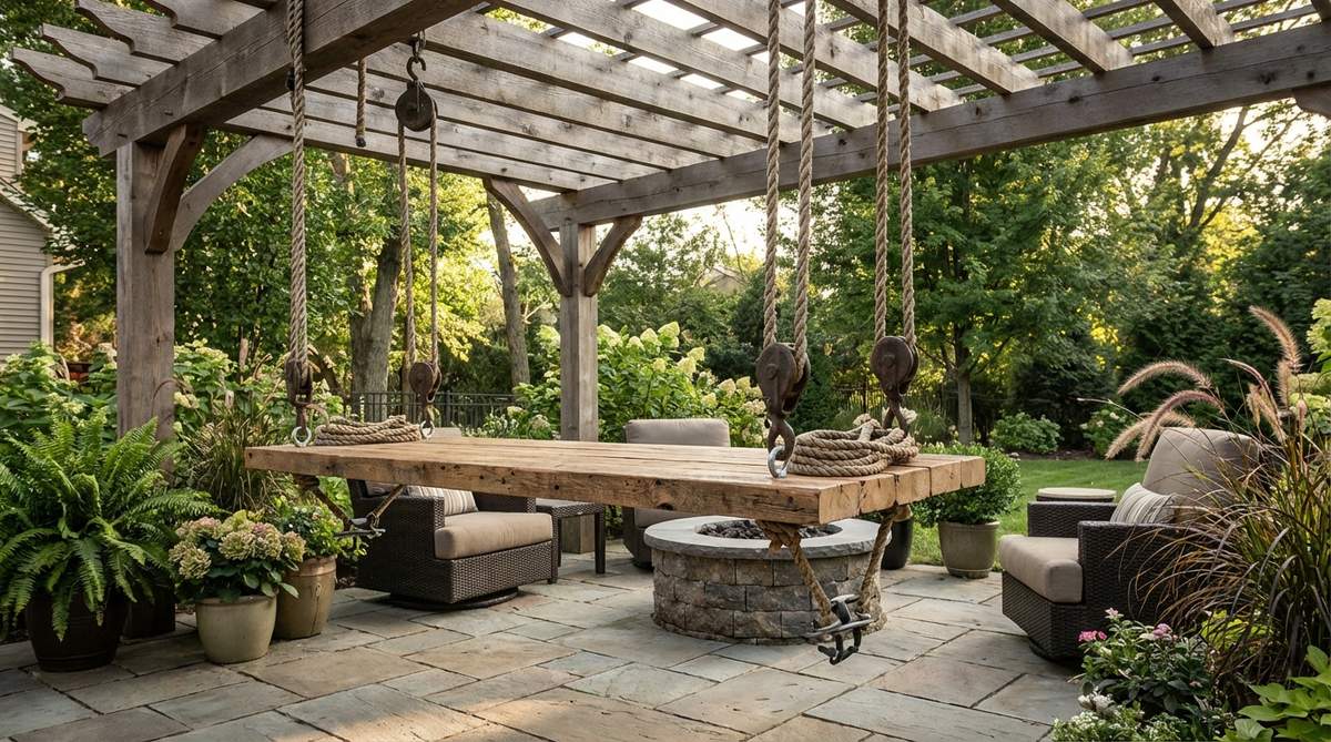 A wooden plank table suspended from a pergola or overhead beam using marine-grade rope and pulleys, creating a floating nautical aesthetic with adjustable height for versatile outdoor patio use.