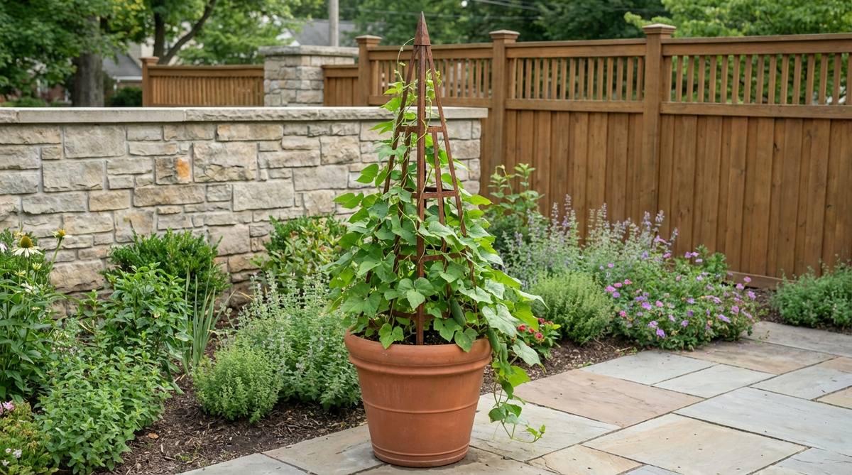 A pyramid-shaped metal or wooden obelisk tower positioned in a large container on a patio or deck, supporting climbing plants like beans, cucumbers, or morning glory. The vertical structure adds architectural height and stability to the container garden, with vines trained upward along the frame.