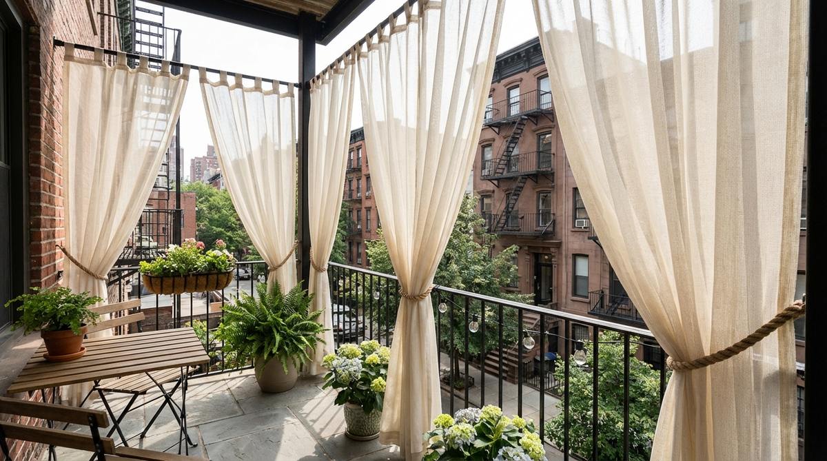 Weather-resistant sheer curtain panels in white or cream, hanging from tension rods on a balcony, diffusing views while allowing light through. Ideal for creating a romantic, airy ambiance in NYC balcony gardens, with features like mildew resistance, tie-back holdbacks, and machine-washable fabric for easy maintenance.