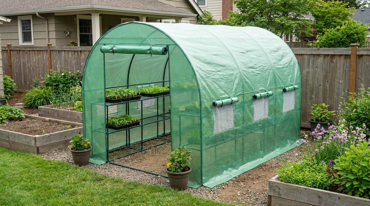 A green Outsunny nine-foot tunnel greenhouse with a powder-coated steel frame and UV-resistant PE covering, featuring three zippered doors for easy access. The tunnel design effectively sheds rain and snow while maximizing interior headroom, accommodating multiple shelving units for seedlings. Lightweight at under 9 pounds, it can be assembled by two people in 30 minutes without tools.