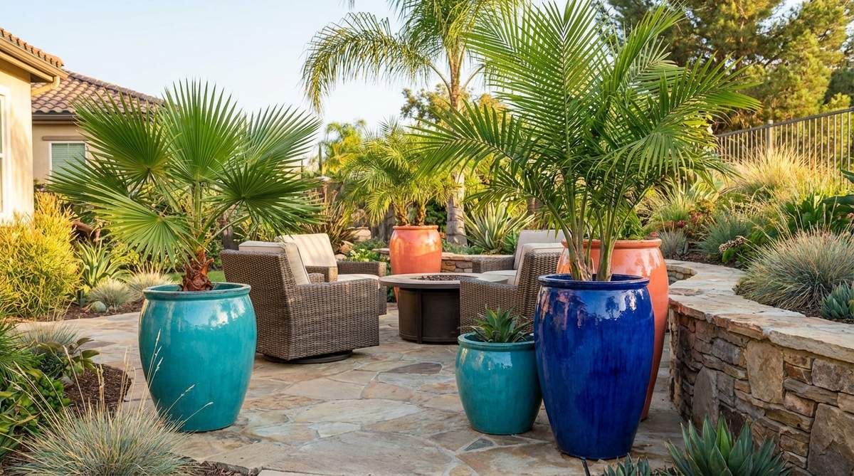 A vibrant image showcasing palm trees in large glazed ceramic planters, featuring turquoise, cobalt, or coral glazes, arranged on a patio to create a tropical outdoor decor setting for summer.