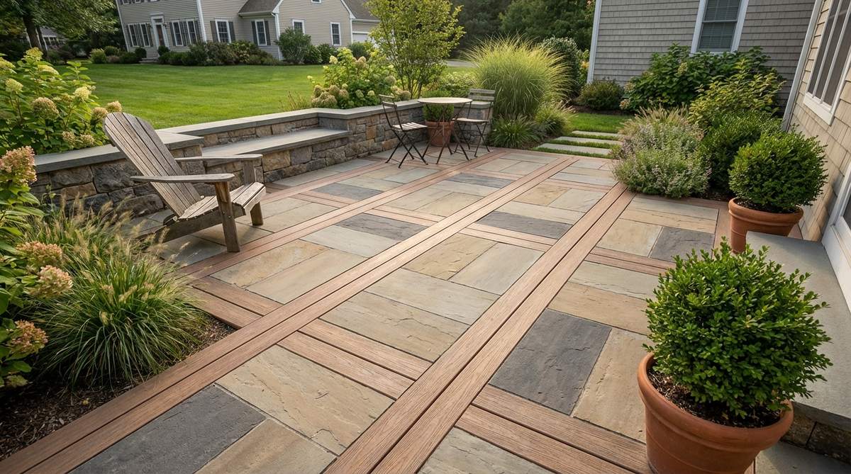 A small garden patio featuring large-format pavers with narrow composite deck strips inserted between rows. The composite strips, 2-4 inches wide, create linear accents that highlight the pattern geometry while adding warm wood tones. Installed in soldier course orientation, they break up expansive surfaces and prevent a monotonous appearance. This design combines the durability of pavers for heavy loads with the weather-resistant composite material for low maintenance.