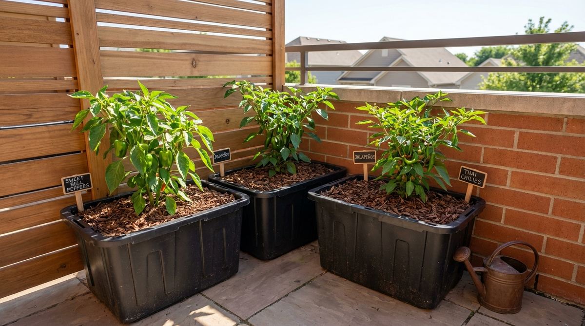 A productive corner of an urban balcony garden dedicated to heat-loving pepper varieties in five-gallon containers. The sunny corner location provides wind protection while maximizing sun exposure, with sweet bell peppers, jalapeños, and Thai chilies planted in separate containers spaced 18 inches apart. A layer of mulch helps retain moisture and regulate soil temperature, while the corner positioning traps heat from two walls to extend the growing season.