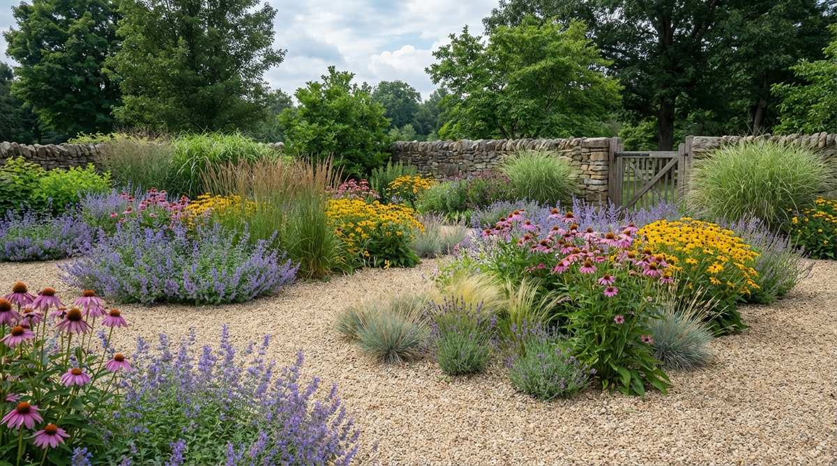 A traditional perennial border planted with a pea gravel base instead of organic mulch, showing seasonal flowers in bloom against a neutral gravel background with clear space around plant stems.