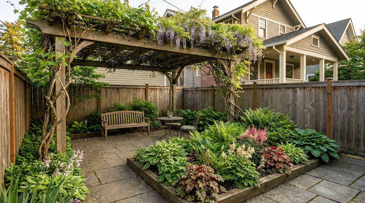 A small garden featuring a pergola with grape vines, kiwi, or wisteria trained across the rafters, creating an edible or flowering overhead canopy. The dappled shade supports shade-tolerant understory plantings, demonstrating vertical layering to maximize space in compact areas.