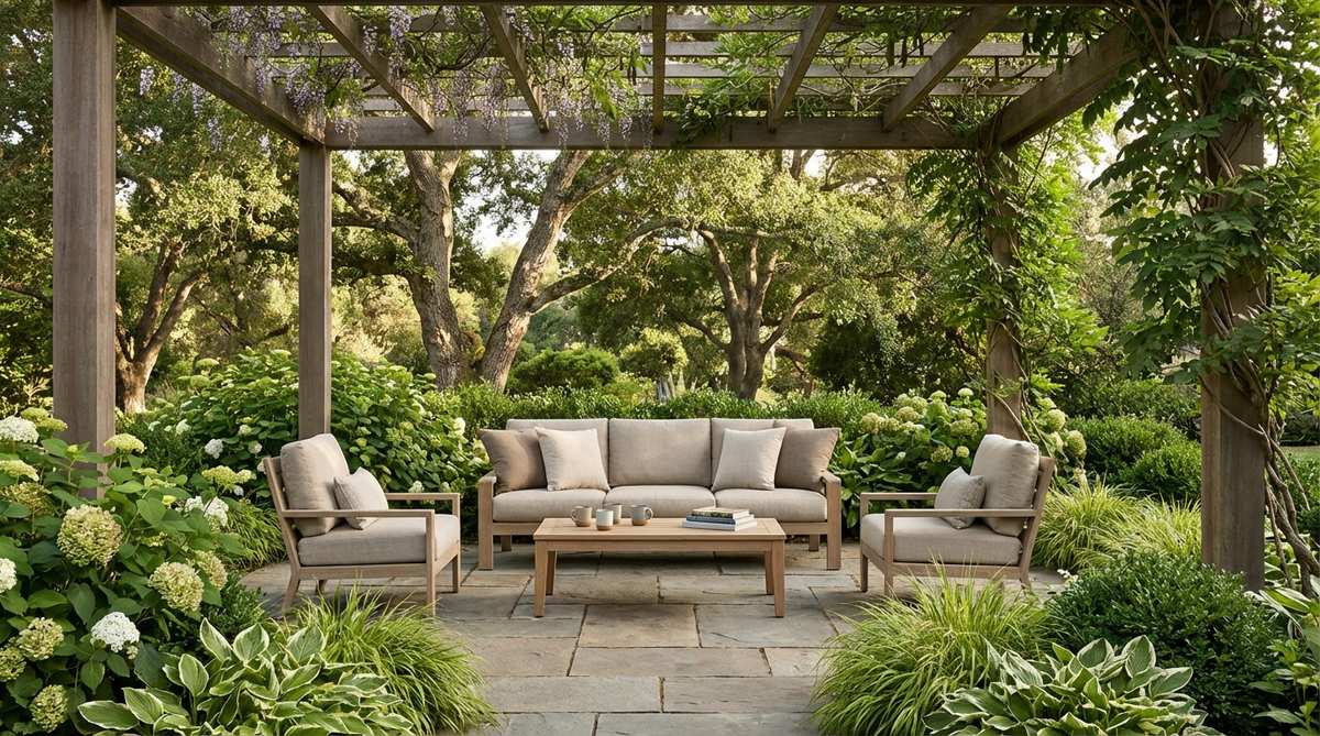 A compact seating area under a slim pergola casting dappled shade, creating a resort-like atmosphere with a sofa and chairs, ideal for naps, reading, or coffee in a garden setting.
