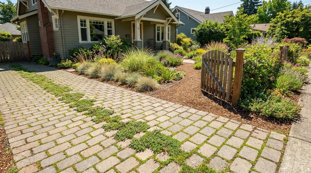 A sustainable permeable paver driveway with planted joints, featuring grass or creeping thyme between pavers to manage stormwater and reduce heat island effects, showcasing eco-friendly front garden design.