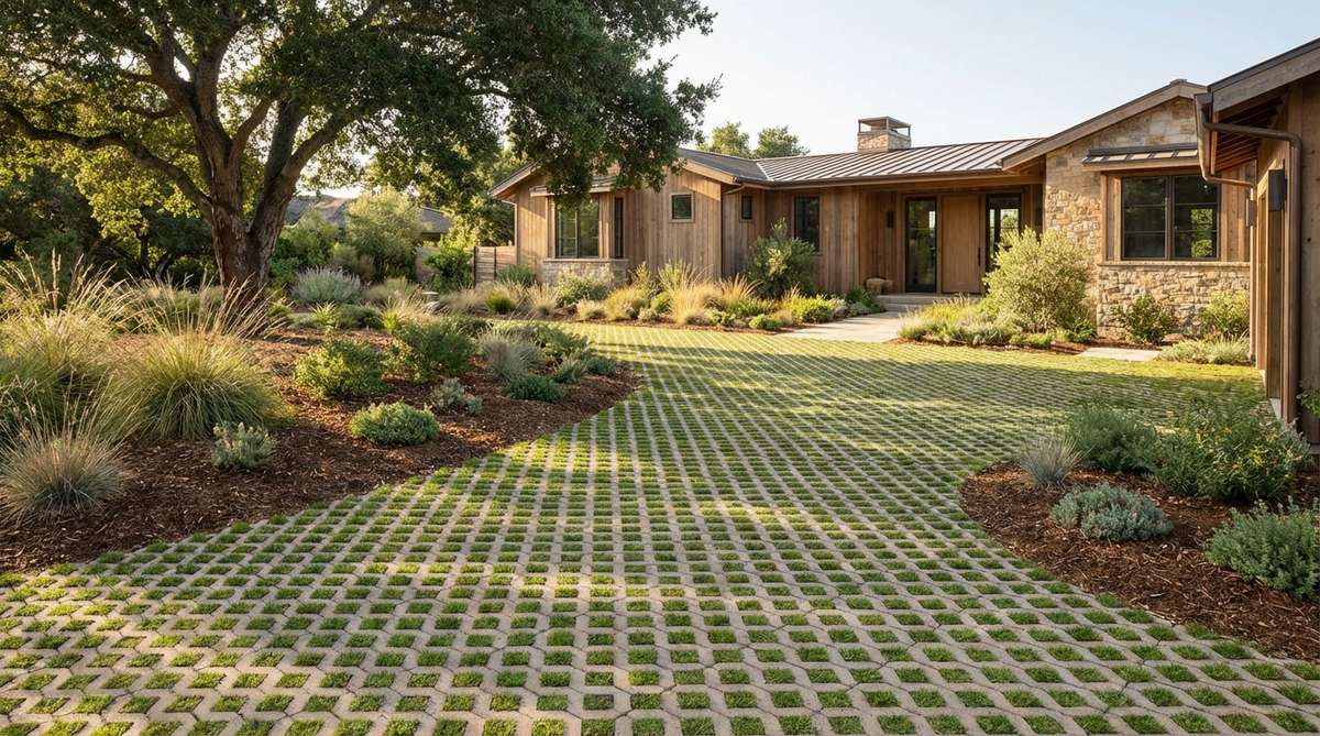 A contemporary garden featuring permeable paver grids with grass growing through the openings, demonstrating sustainable landscaping that reduces runoff and heat island effect while supporting vehicle weight for driveways or parking areas.