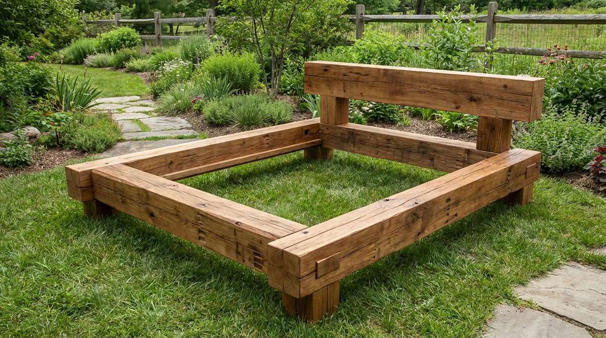 A rustic platform bed made from reclaimed timbers with thick-beam construction and exposed joinery details. The low-profile design showcases traditional carpentry techniques with visible adze marks and nail holes for authentic western boho character, finished with natural oil to enhance the wood grain.