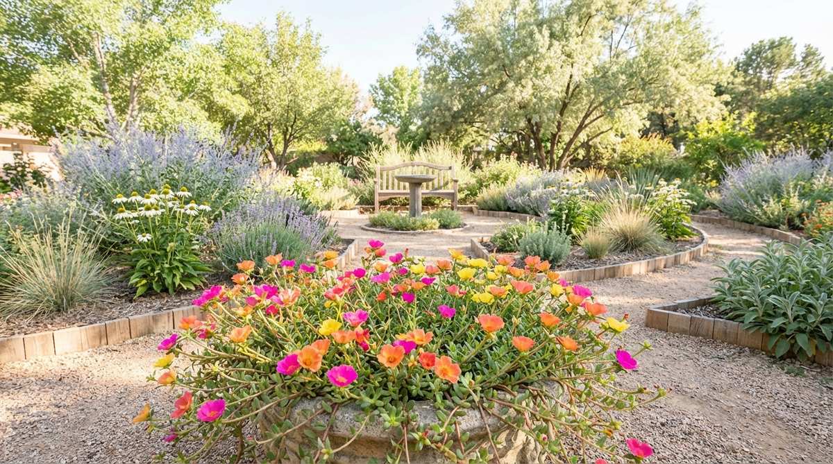 A vibrant close-up of Portulaca moss rose flowers in neon shades, showcasing their succulent trailing stems and brilliant blooms that thrive in hot, dry conditions with full sun exposure.