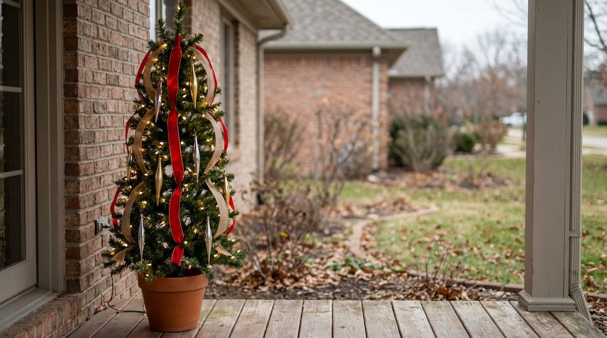 A slim pre-lit pencil artificial tree, ideal for balcony Christmas decor, featuring integrated LED lights and a narrow profile to save space, decorated with vertical ribbon and elongated ornaments.