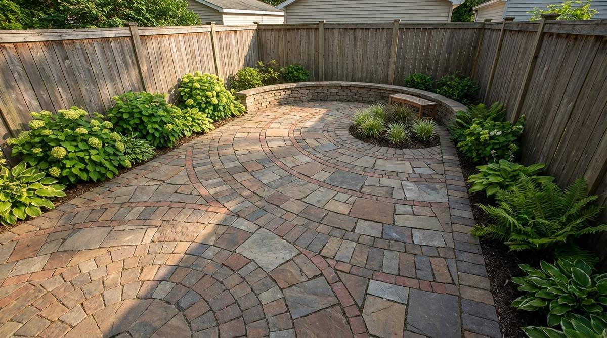 A radial paving pattern in a small garden, showing pavers arranged in a fan pattern emanating from a corner point. The design uses mixed paver sizes and colors in bands radiating outward, creating curved lines that contrast with straight garden boundaries like fences or walls. This technique draws attention to the corner as an intentional feature, adding visual dynamism to the space.