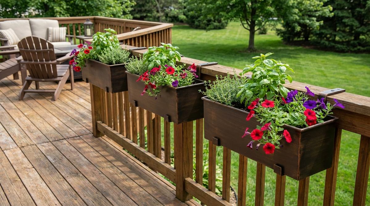 Three matching planters clipped along a porch or deck railing, filled with basil, thyme, and bright petunias. This modular small garden bed idea provides easy access to herbs while preserving deck floor space.