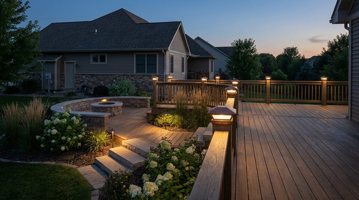 Solar or low-voltage post cap lights mounted on deck railing posts, providing perimeter illumination with downward-facing LEDs to minimize light pollution. These decorative fixtures match railing finishes and create rhythmic lighting patterns for outdoor spaces.
