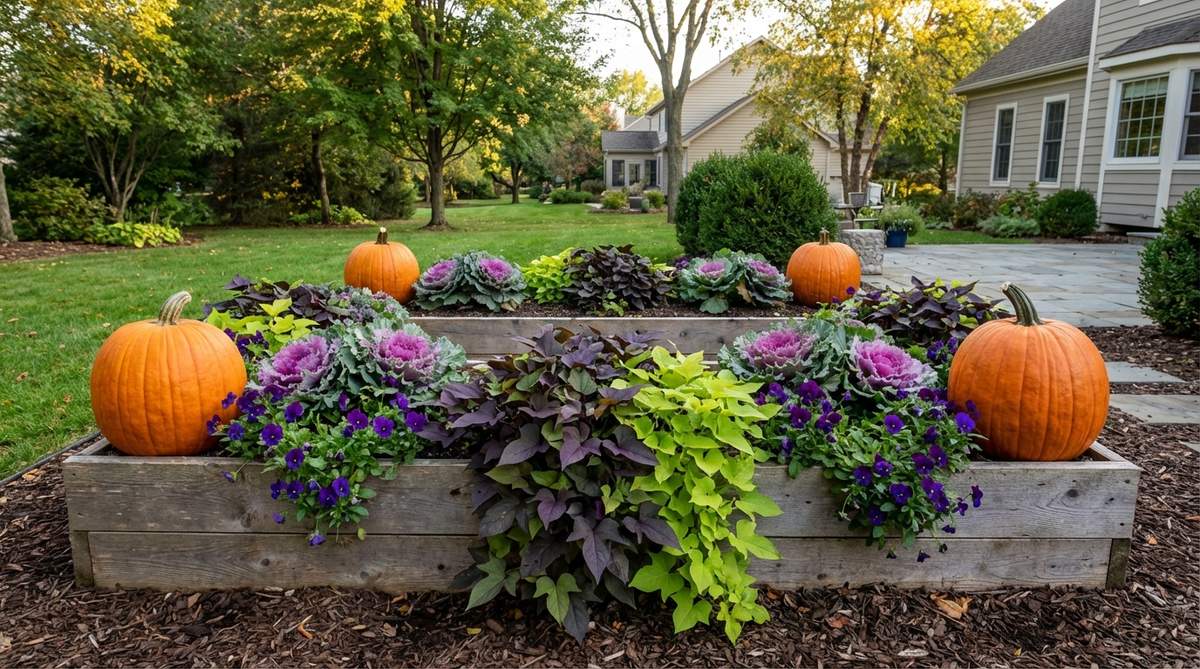 Large pumpkins positioned at the corners of a raised garden bed, surrounded by ornamental cabbage, trailing sweet potato vine, and purple violas. This arrangement anchors seasonal transitions from summer to fall, providing visual interest and marking garden structure while celebrating the harvest season.