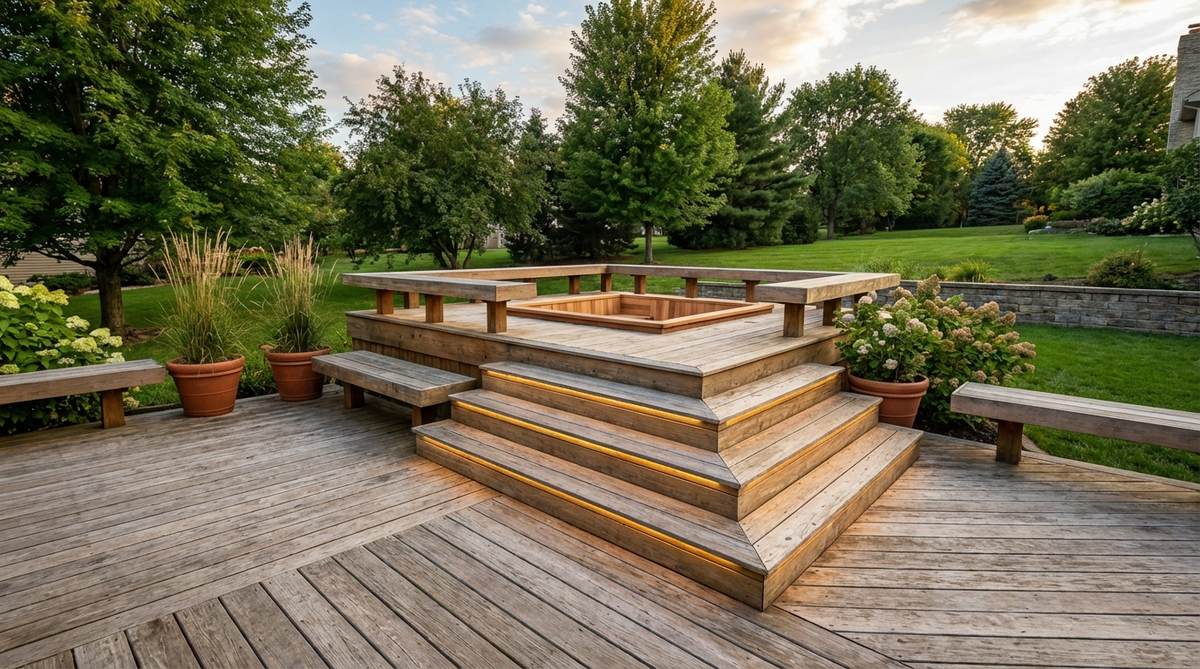 A raised platform deck section elevated 12-18 inches above the main deck, creating a focal point for feature seating or a hot tub. Integrated benches and wide steps provide additional seating and access, with perimeter lighting in the risers for nighttime ambiance.
