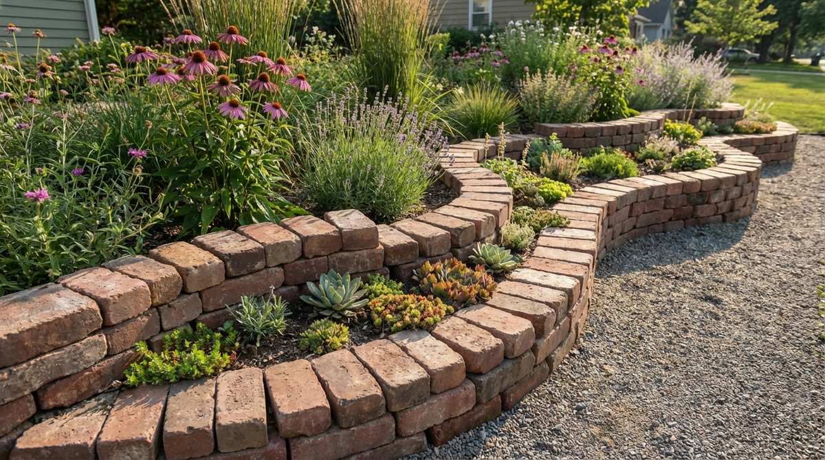 A contemporary garden border featuring bricks stacked in irregular, mortar-free patterns, creating organic edges that complement naturalistic planting schemes. The random arrangement, with intentional height variations and offset joints, is ideal for cottage gardens and prairie-style landscapes, allowing water drainage and enhancing the appearance with alpine plants and succulents tucked into crevices.
