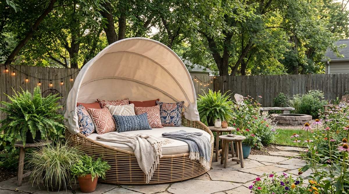 An oversized rattan daybed with a fabric canopy, positioned in a boho-style garden as a shaded retreat. It features weather-resistant cushions and pillows in layered complementary patterns, ideal for socializing or solitary relaxation.