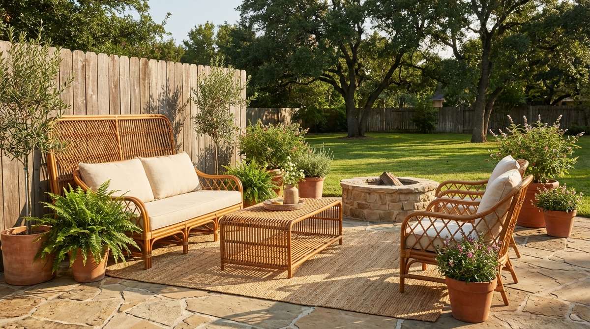 A collection of rattan furniture pieces, including coffee tables, side chairs, and headboards, featuring distinctive woven patterns and honey-brown tones. These lightweight and durable options add warm texture and visual lightness to earthy boho decor, paired with soft linen cushions for comfortable seating.