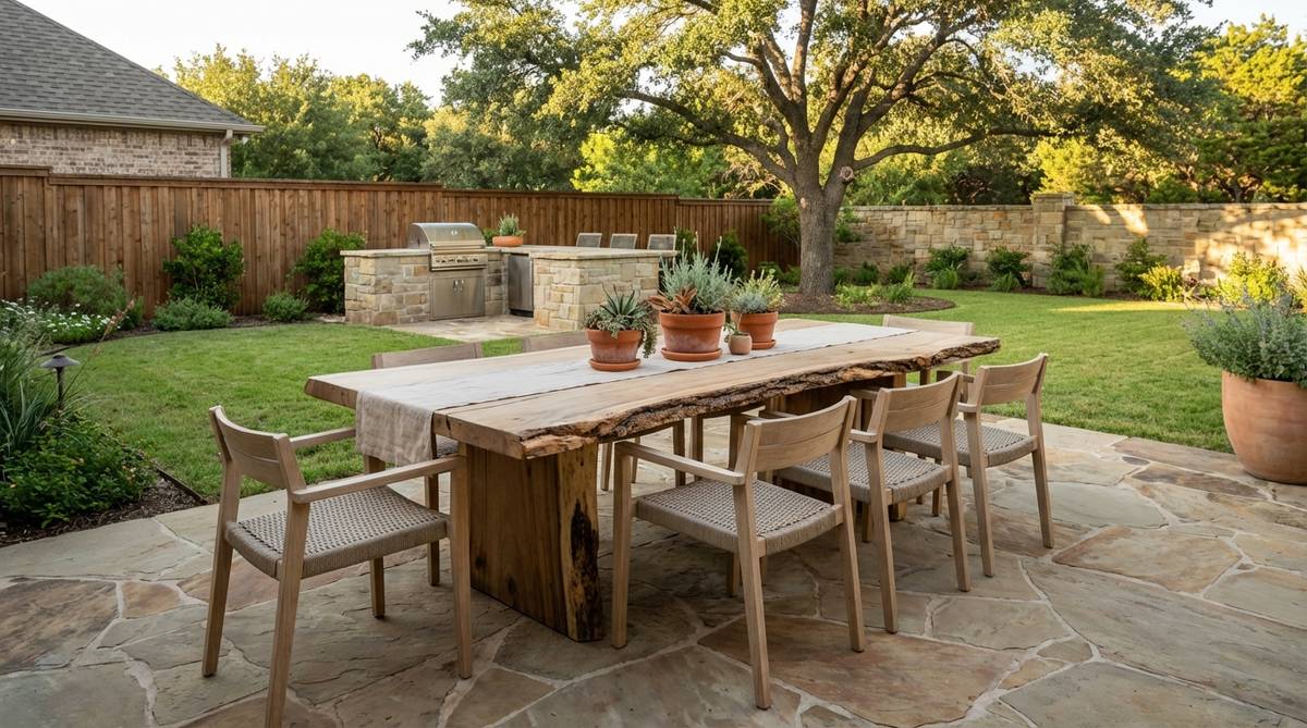 A raw edge wood dining table with natural irregular edges that bring organic form to modern boho decor. The table contrasts beautifully with clean-lined modern chairs, available in light or dark wood tones to complement different color palettes.