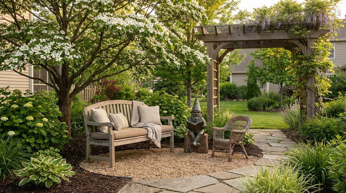 A miniature garden scene featuring a seated gnome holding a book next to a child-sized chair under a small tree or pergola. The reading nook is arranged on a circular mulch or pea gravel rug with a sturdy bench, creating a calm and magical atmosphere perfect for evening story time. This garden setup encourages quiet reading moments and connection with nature.