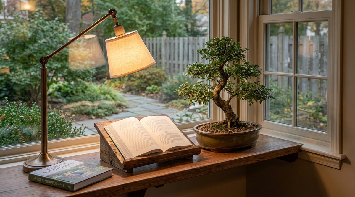 A Chinese Elm bonsai placed on a windowsill extension shelf alongside a small reading lamp, creating a functional and restorative reading nook. The lamp illuminates both the book pages and bonsai foliage, with seasonal adjustments for optimal light. This setup promotes eye health and mindfulness during reading breaks.