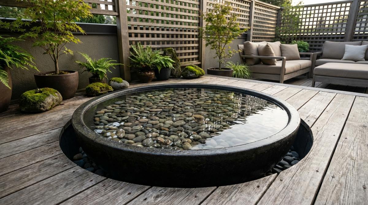 A wide shallow bowl set flush with decking, filled with smooth pebbles beneath a thin layer of water, creating textural interest and a minimal water feature. This low-profile, recessed design enhances safety and provides a cooling microclimate through evaporation in a Japanese balcony garden.