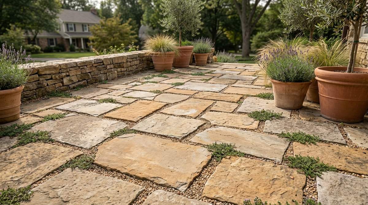 A weathered limestone or sandstone terrace with irregular flagstones laid in a random pattern, featuring wide joints filled with gravel or low-growing thyme, evoking the informal character of Mediterranean village squares and suggesting centuries of use.