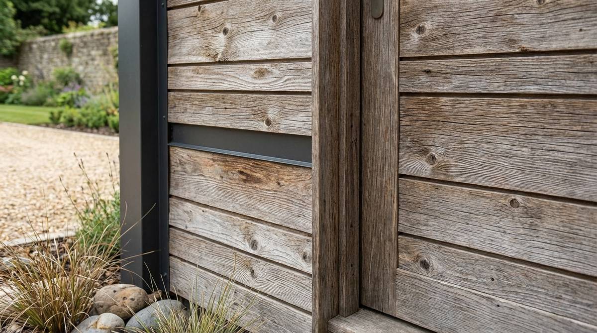 Close-up view of reclaimed timber cladding on a contemporary garden shed, showing the weathered texture and character from salvaged wood. The cladding is made from deconstructed barns and industrial buildings, providing instant patina and environmental benefits. Installation details include proper milling for consistent dimensions and weather-tight joints.