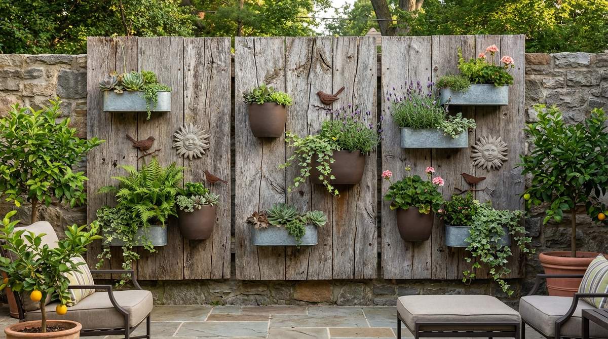A garden wall decor featuring weathered reclaimed wood panels with attached planters and small sculptures. The aged wood grain and patina provide organic warmth that complements contemporary planter materials, creating a textured backdrop for garden ornaments and potted plants.