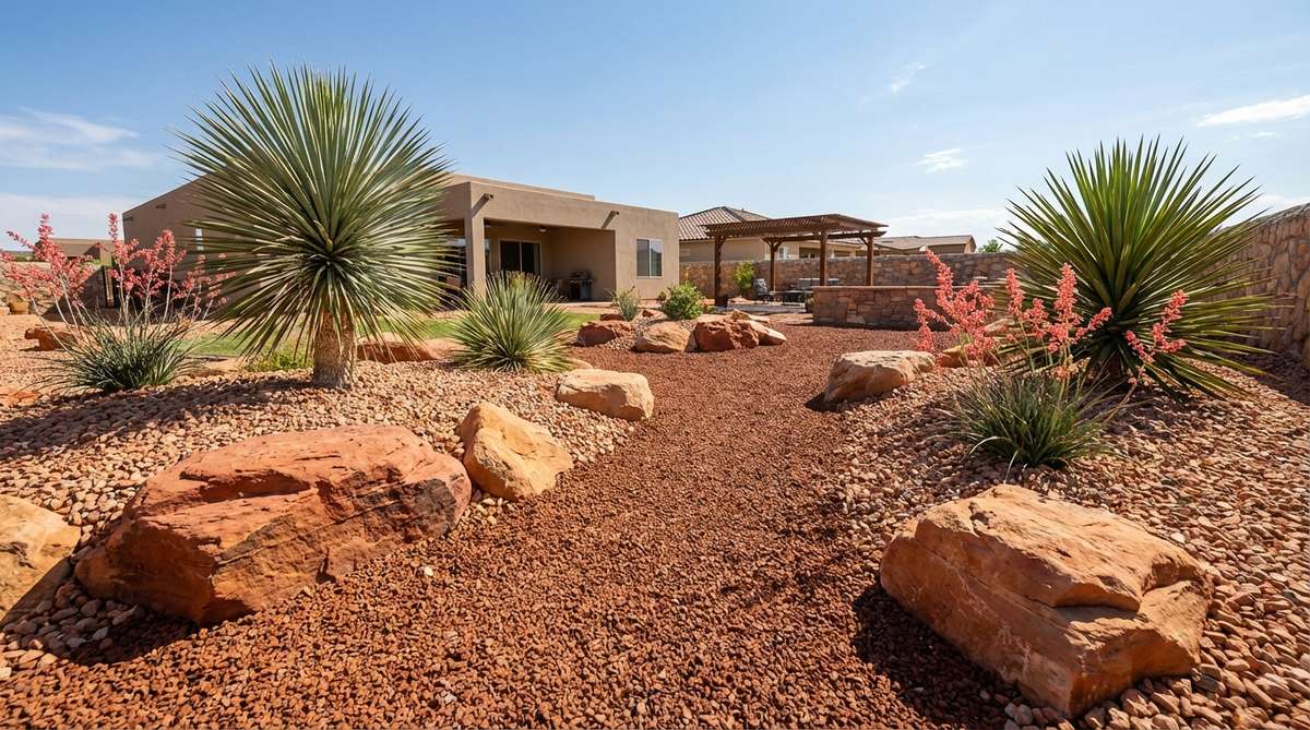 A gravel garden featuring iron-rich red or rust-colored gravel paired with architectural yuccas, replicating Southwest canyon landscapes. The warm mineral tones intensify under direct sunlight, with yucca rostrata, yucca rigida, or red yucca varieties complementing the red substrate. Sandstone boulders with similar coloration reinforce the regional aesthetic, while the red gravel creates hotter microclimates suitable for heat-tolerant species.