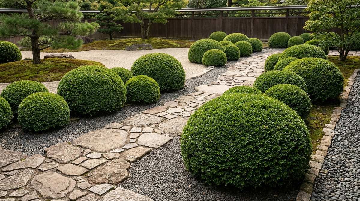 Clipped boxwood spheres arranged in rhythmic sequences along a garden pathway, creating visual cadence with uniform geometry that contrasts with organic stone and gravel textures in a modern Japanese garden design.