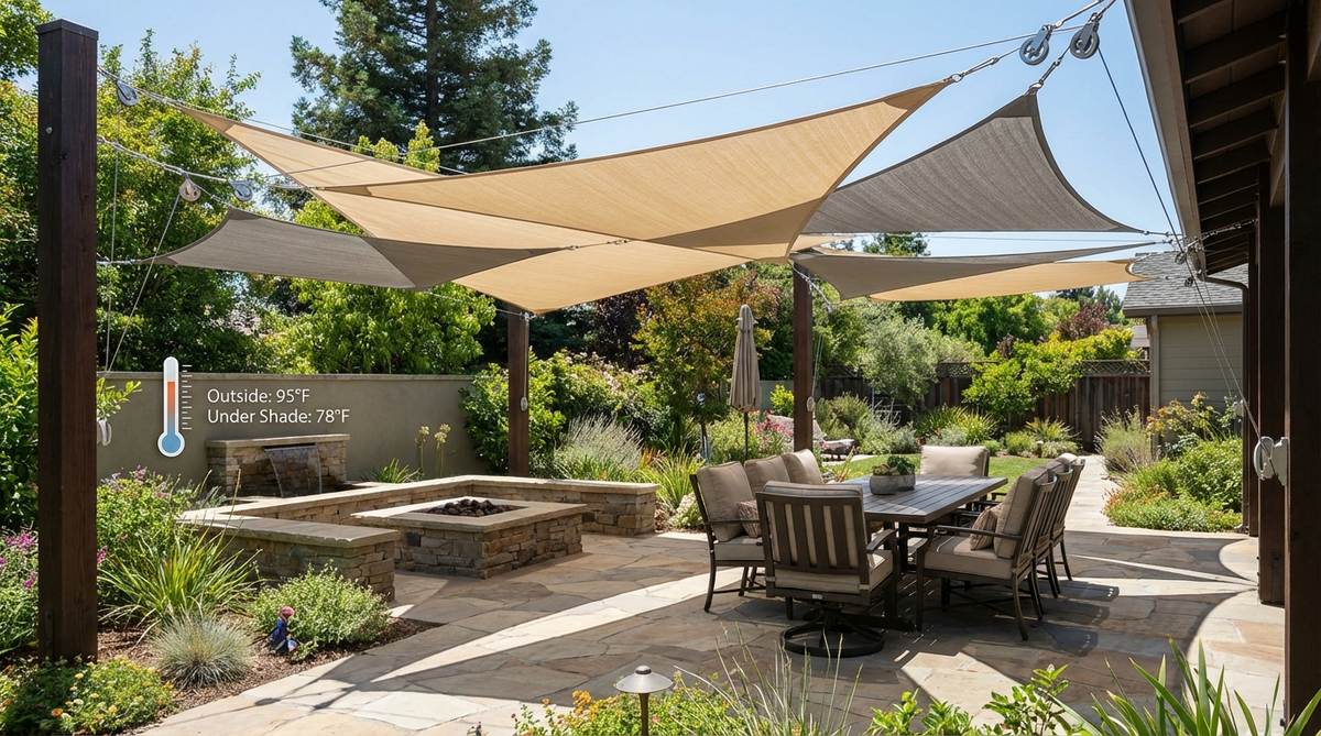 A modern outdoor decor setup featuring triangular and rectangular retractable shade sails mounted on pulley systems. The tensioned fabric creates geometric silhouettes, effectively reducing temperatures by 15-20 degrees while allowing water runoff and breathability with high-density polyethylene materials.