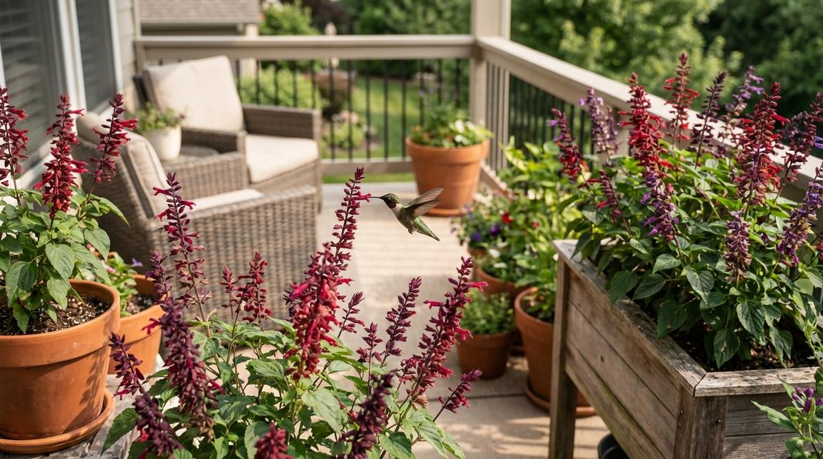 A close-up of vibrant salvia flowers with spiky clusters in a balcony container garden, attracting hummingbirds with its bright blooms against green foliage.