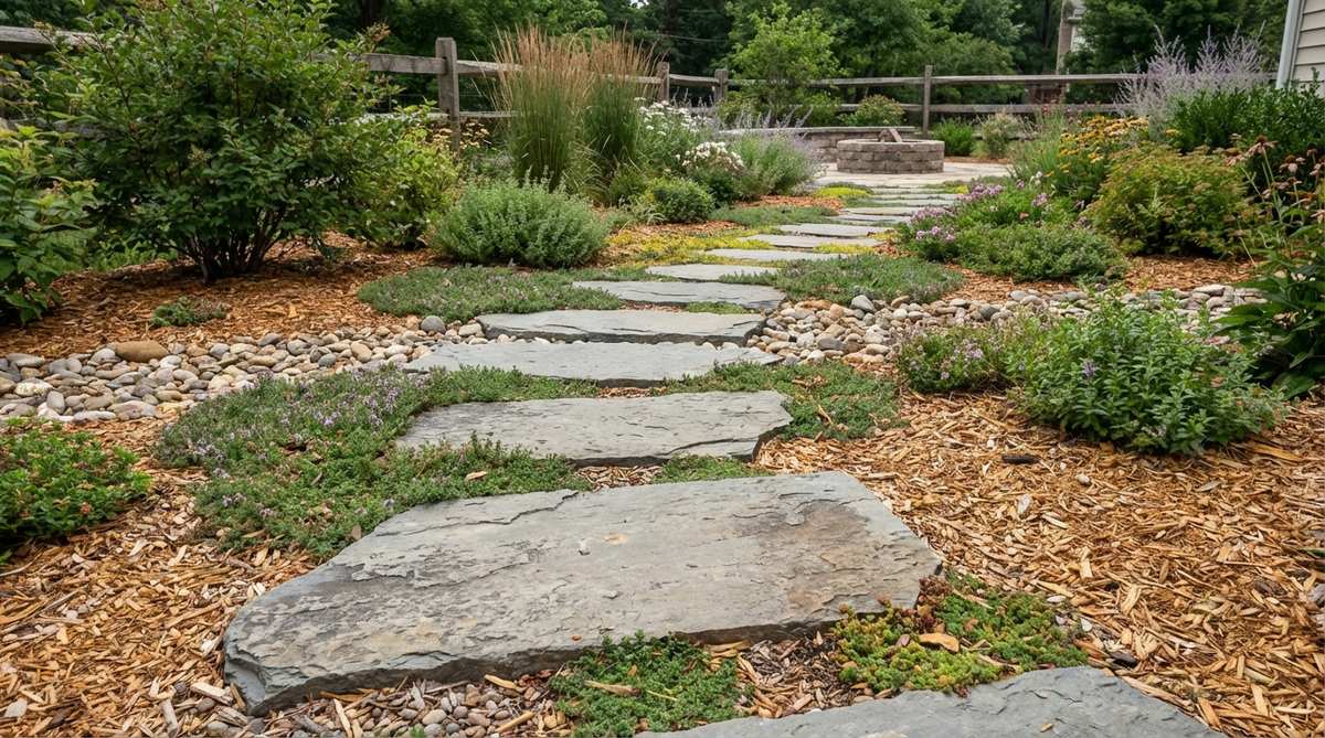 Split slate stepping stones arranged irregularly in a stone garden, showing flat slip-resistant surfaces with elegant grey tones and layered texture that integrates seamlessly with groundcover plantings.