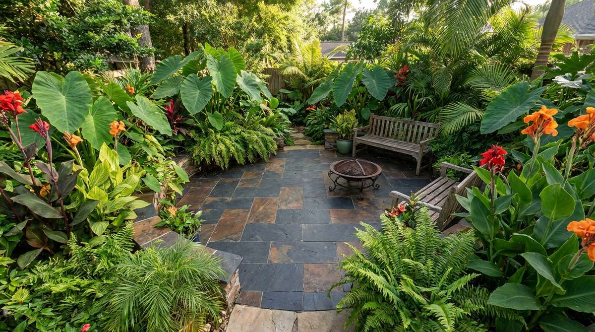 A central slate patio with large-format charcoal or brown tiles, surrounded by dense tropical plantings including elephant ears and cannas cascading onto the paving. The hardscape occupies 30-40% of the space, maintaining a lush jungle perimeter in a tropical garden setting.