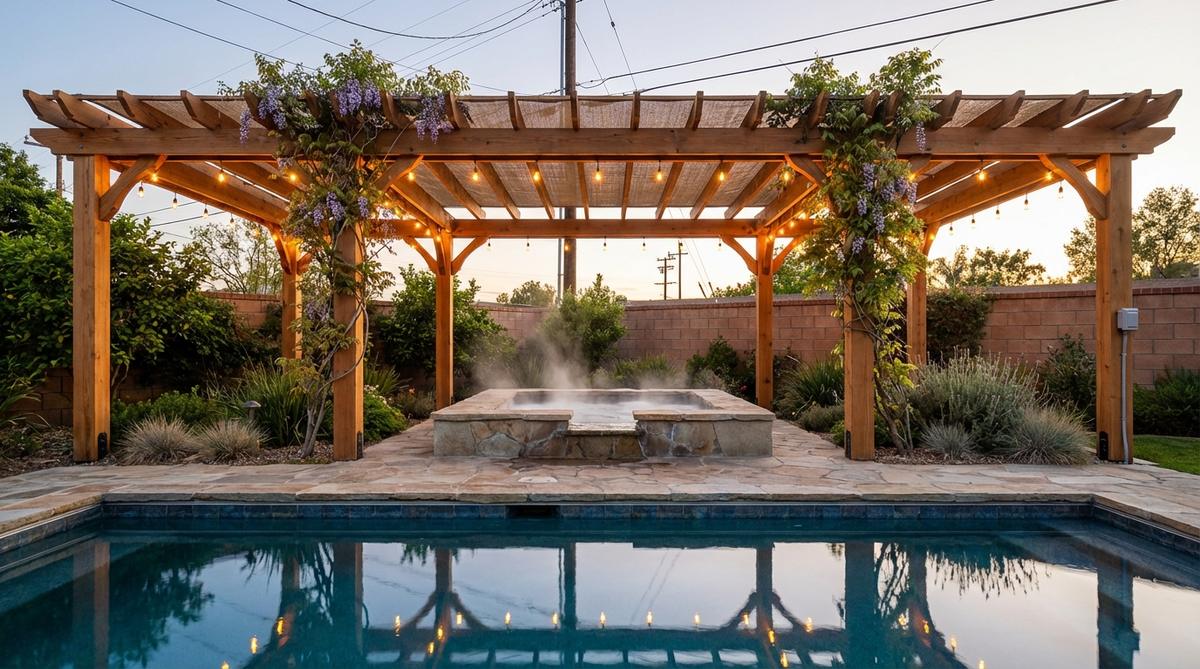 A cedar pergola constructed over a spa in a small garden with pool, providing dappled shade and defining the relaxation zone. The structure features adjustable coverage options like shade cloth or climbing vines, with integrated Edison bulb lighting on dimmer switches for evening use. This architectural element frames the spa as an intentional destination while concealing overhead power lines or unattractive facades.