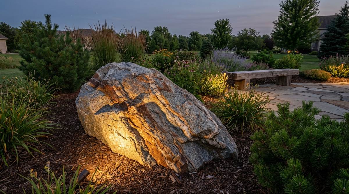 A dramatic boulder strategically positioned as a focal point in an outdoor garden, buried one-third of its height to simulate natural geological placement with interesting mineral veining visible. Evening lighting from below creates dramatic shadow play.